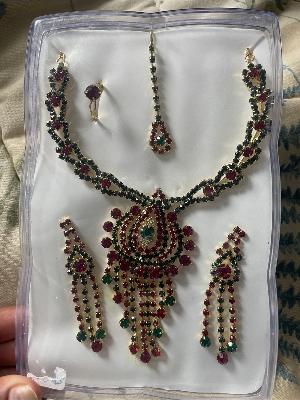 Gold-Tone Red & Green Statement Necklace Set, Indian Style Jewelry Set